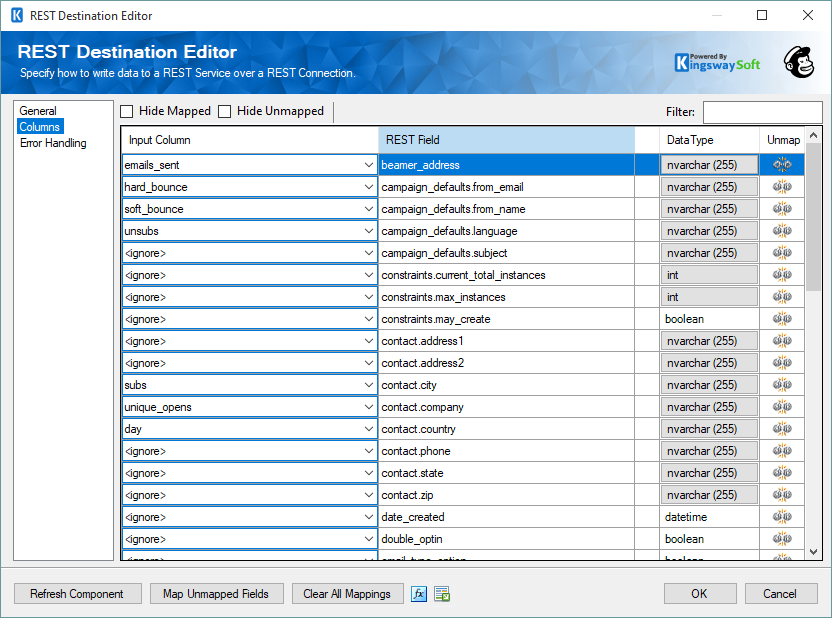 SSIS MailChimp REST Destination - Columns